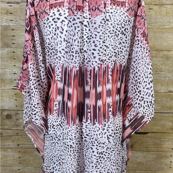 Jennifer Lopez Chiffon Pink Animal Print Caftan Mini Dress Size XS Rhinestone - Picture 2 of 7